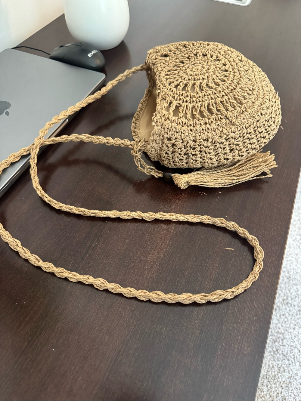Handwoven Round Straw Crossbody Bag | Summer Woven Beach Purse - Picture 7 of 9